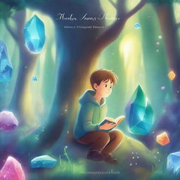 A captivating book cover featuring a young boy exploring a magical crystal forest