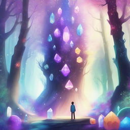 A detailed illustration of a crystal forest with a 16-year-old boy standing in its center