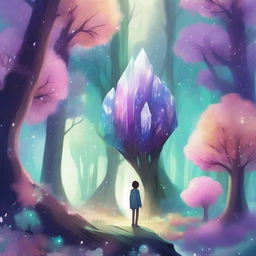 A detailed illustration of a crystal forest with a 16-year-old boy standing in its center