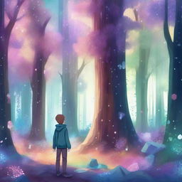 A detailed illustration of a crystal forest with a 16-year-old boy standing in its center