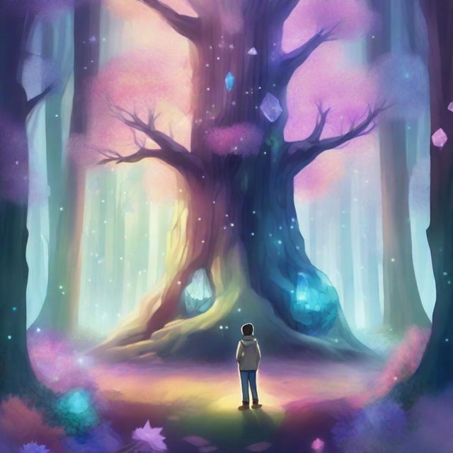 A detailed illustration of a crystal forest with a 16-year-old boy standing in its center