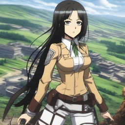 An anime girl with long black hair wearing a Survey Corps outfit from Attack on Titan