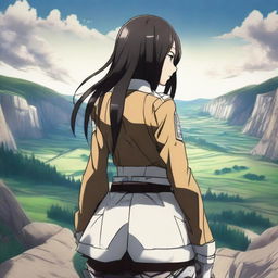 An anime girl with long black hair wearing a Survey Corps outfit from Attack on Titan