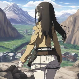 An anime girl with long black hair wearing a Survey Corps outfit from Attack on Titan