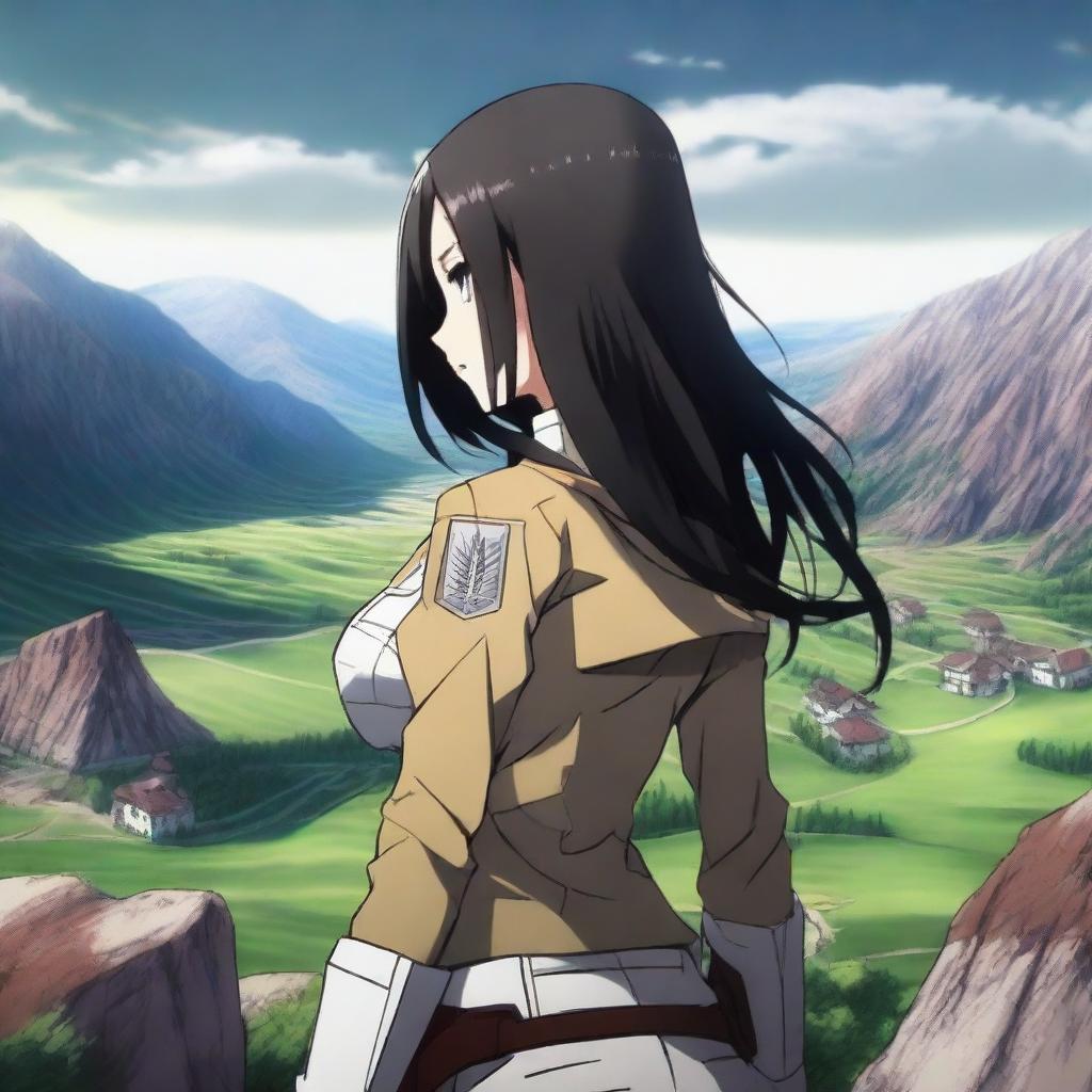 An anime girl with long black hair wearing a Survey Corps outfit from Attack on Titan