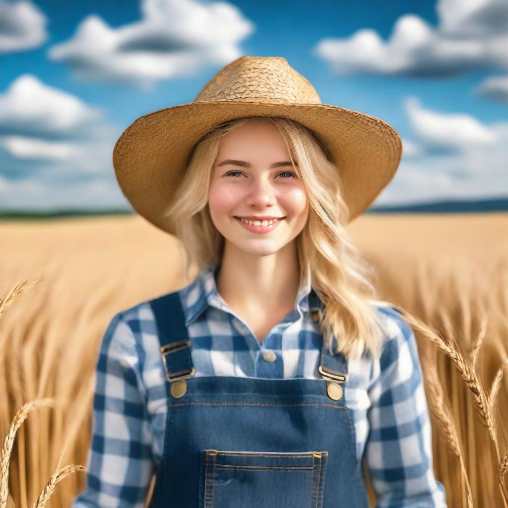 A cheerful blonde country girl standing in a picturesque rural landscape, wearing a straw hat, a plaid shirt, and denim overalls