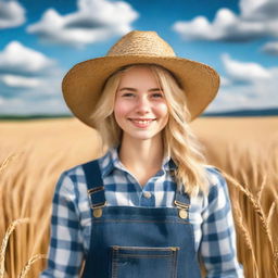 A cheerful blonde country girl standing in a picturesque rural landscape, wearing a straw hat, a plaid shirt, and denim overalls