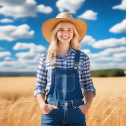 A cheerful blonde country girl standing in a picturesque rural landscape, wearing a straw hat, a plaid shirt, and denim overalls