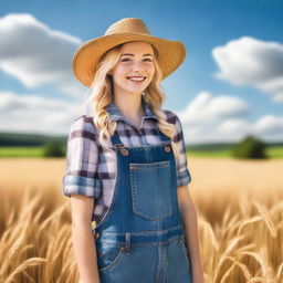 A cheerful blonde country girl standing in a picturesque rural landscape, wearing a straw hat, a plaid shirt, and denim overalls