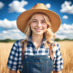 A cheerful blonde country girl standing in a picturesque rural landscape, wearing a straw hat, a plaid shirt, and denim overalls