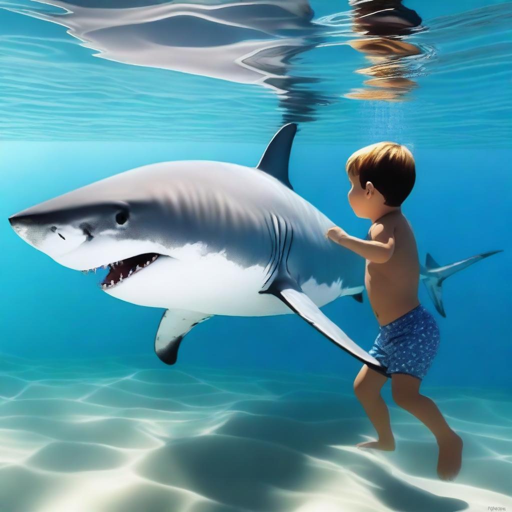 Create an image of a great white shark and a boy swimming together in the ocean