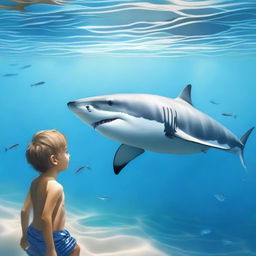 Create an image of a great white shark and a boy swimming together in the ocean