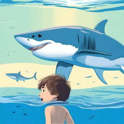 Create an image of a great white shark and a boy swimming together in the ocean