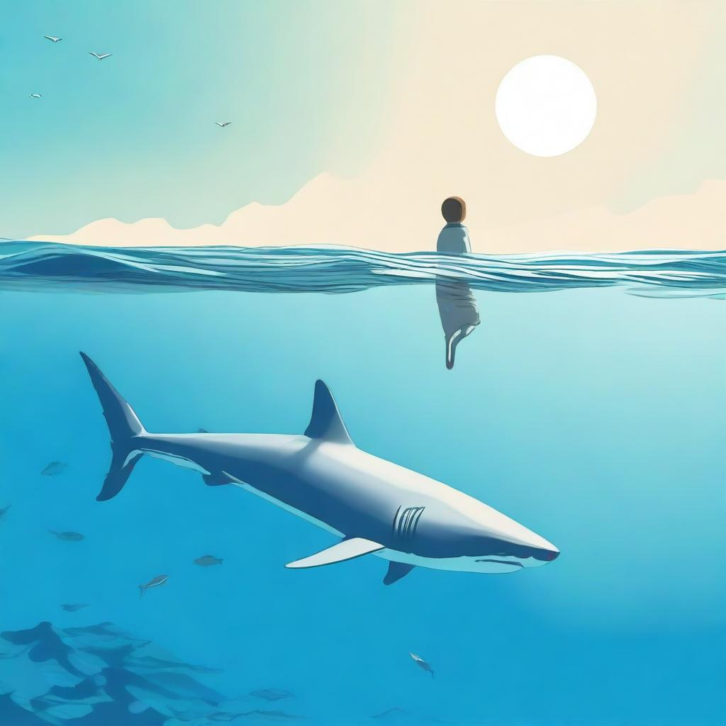 Create an image of a great white shark and a boy swimming together in the ocean