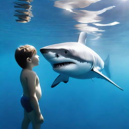 Create an image of a great white shark and a teenage boy swimming together in the ocean