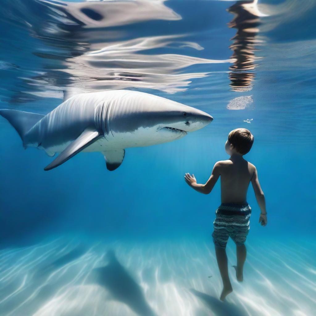 Create an image of a great white shark and a teenage boy swimming together in the ocean