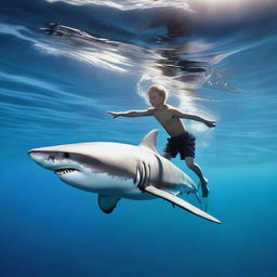 Create an image of a great white shark and a teenage boy swimming together in the ocean