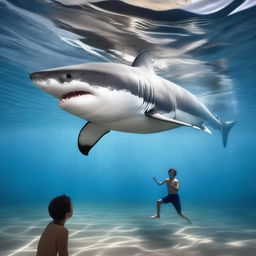 Create an image of a great white shark and a teenage boy swimming together in the ocean