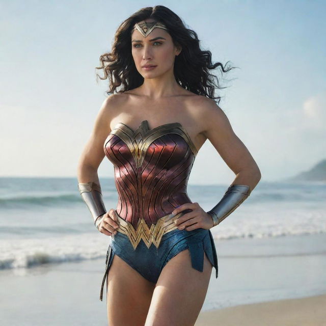 Wonder Woman in her signature costume, standing confidently on a sunlit beach with calm ocean waves in the background.