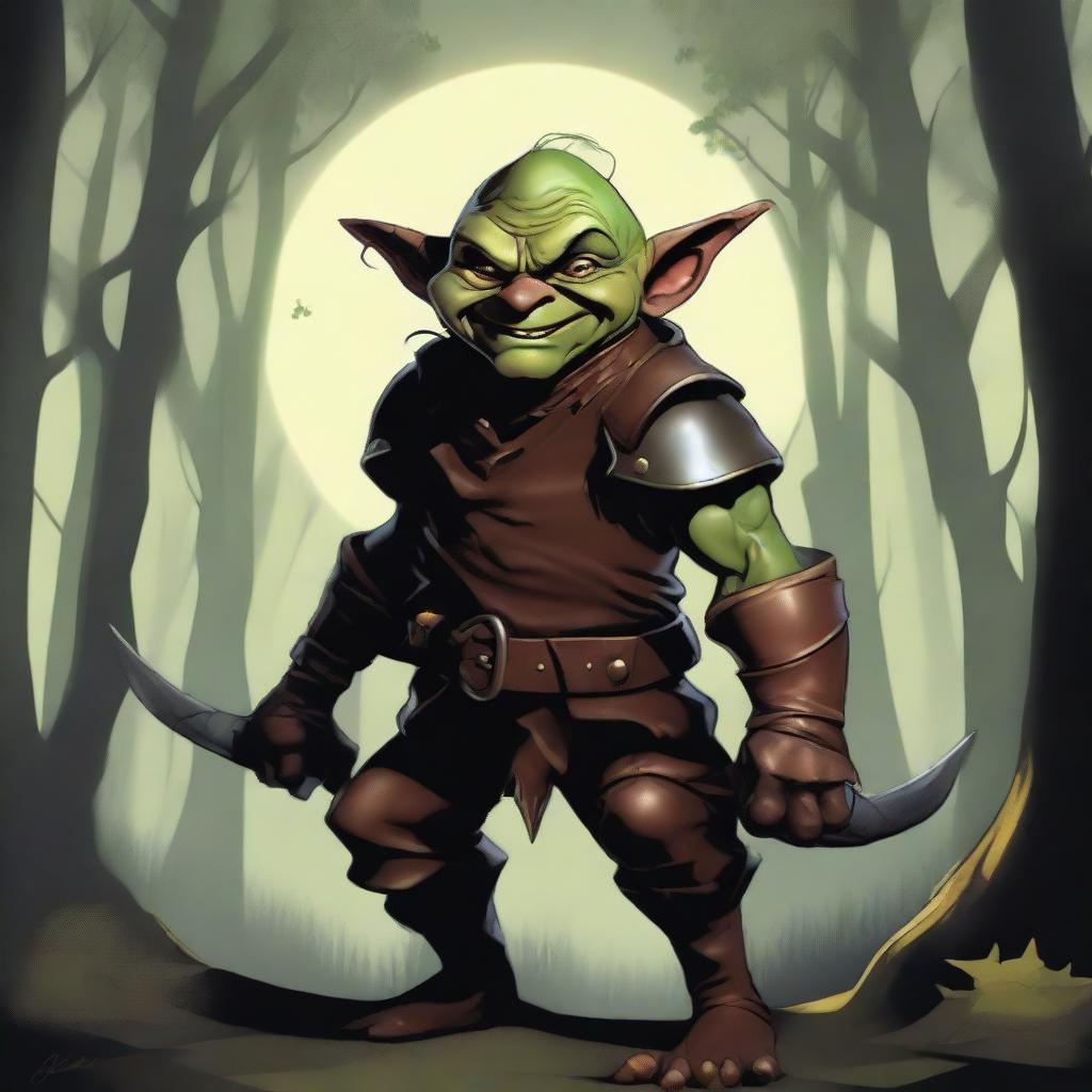 A detailed artwork of a rogue goblin, depicted with a mischievous grin and wearing leather armor