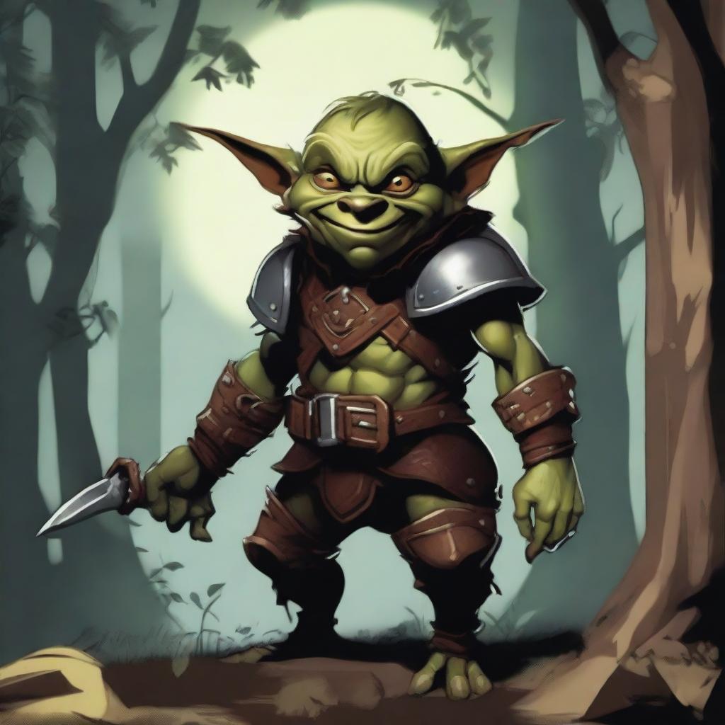 A detailed artwork of a rogue goblin, depicted with a mischievous grin and wearing leather armor