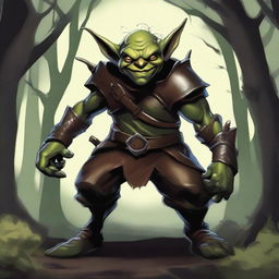 A detailed artwork of a rogue goblin, depicted with a mischievous grin and wearing leather armor