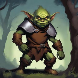 A detailed artwork of a rogue goblin, depicted with a mischievous grin and wearing leather armor