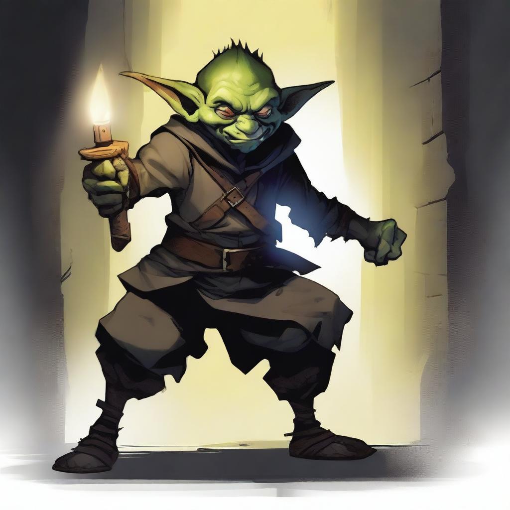 A detailed artwork of a young rogue goblin, depicted with a cunning expression and wielding two sharp daggers