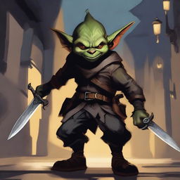 A detailed artwork of a young rogue goblin, depicted with a cunning expression and wielding two sharp daggers