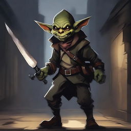 A detailed artwork of a young rogue goblin, depicted with a cunning expression and wielding two sharp daggers