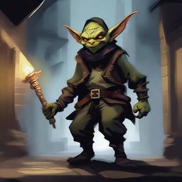 A detailed artwork of a young rogue goblin, depicted with a cunning expression and wielding two sharp daggers