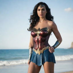 Wonder Woman in her signature costume, standing confidently on a sunlit beach with calm ocean waves in the background.