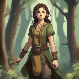 A female halfling druid wielding two curved blades, standing in a lush forest