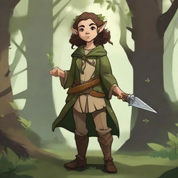 A female halfling druid wielding two curved blades, standing in a lush forest