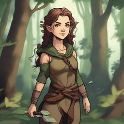 A female halfling druid wielding two curved blades, standing in a lush forest