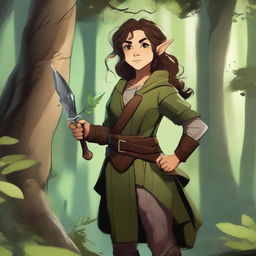 A female halfling druid wielding two curved blades, standing in a lush forest