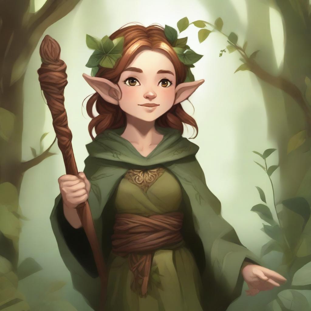 A detailed illustration of a female halfling druid