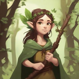 A detailed illustration of a female halfling druid