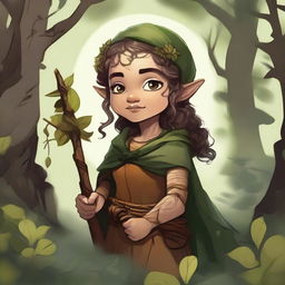 A detailed illustration of a female halfling druid