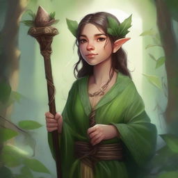 A detailed fantasy illustration of a female halfling druid holding a staff