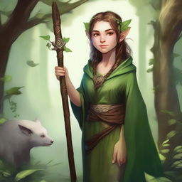 A detailed fantasy illustration of a female halfling druid holding a staff