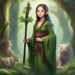 A detailed fantasy illustration of a female halfling druid holding a staff