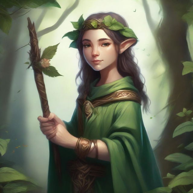 A detailed fantasy illustration of a female halfling druid holding a staff