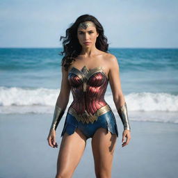 Wonder Woman in her signature costume, standing confidently on a sunlit beach with calm ocean waves in the background.