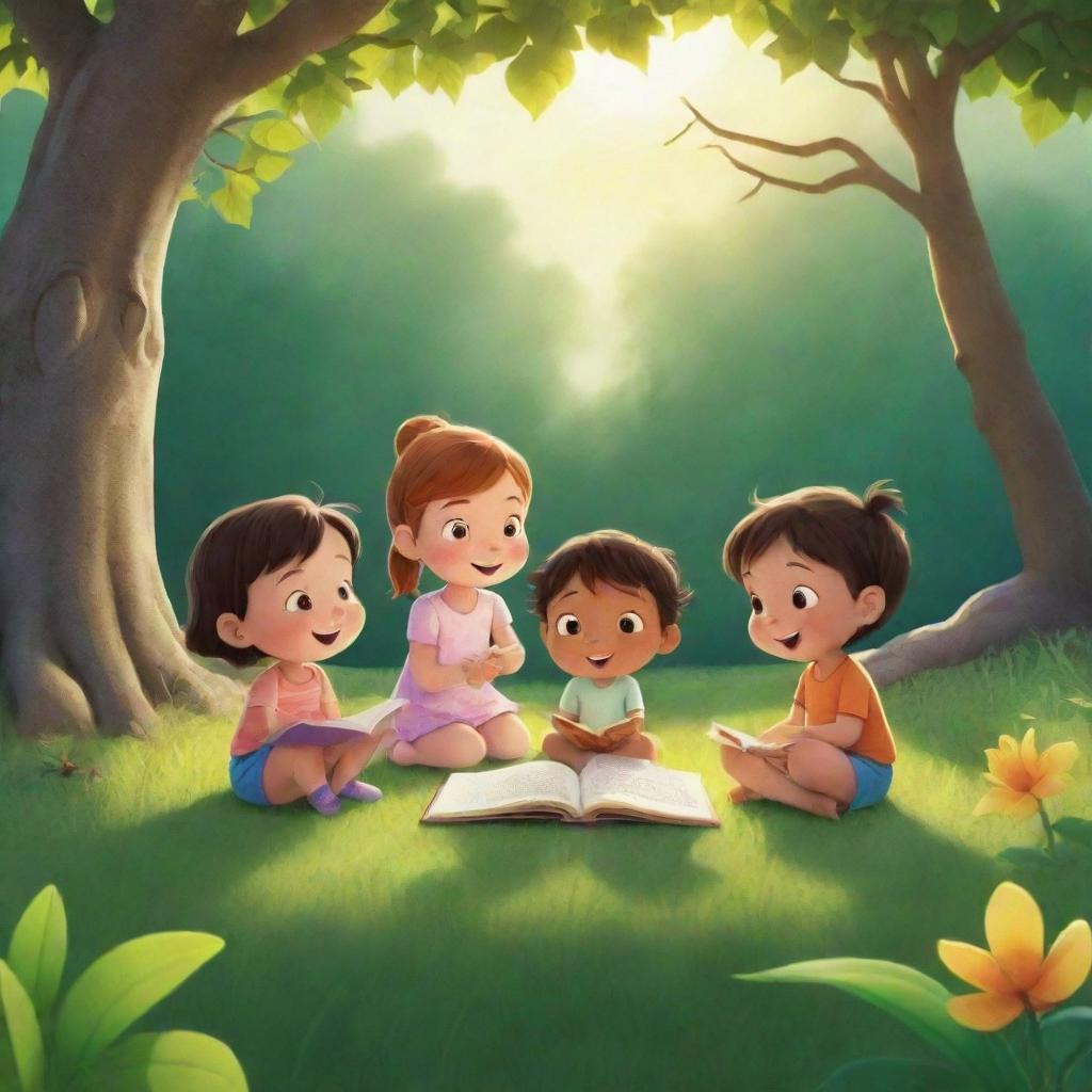 A luminous scene from 'BrightBabyTales' featuring children engrossed in moral storytelling amidst nature. Capture an open, brightly illustrated book with lessons gently permeating the animated scene under the warm sunshine.