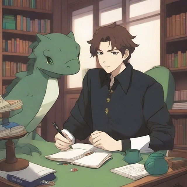 A lo-fi anime style scene featuring a white prince with brunette hair, dressed in a black shirt, sitting at his desk writing with a hand adorned with bracelets