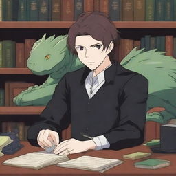 A lo-fi anime style scene featuring a white prince with brunette hair, dressed in a black shirt, sitting at his desk writing with a hand adorned with bracelets