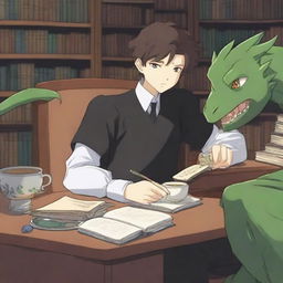 A lo-fi anime style scene featuring a white prince with brunette hair, dressed in a black shirt, sitting at his desk writing with a hand adorned with bracelets