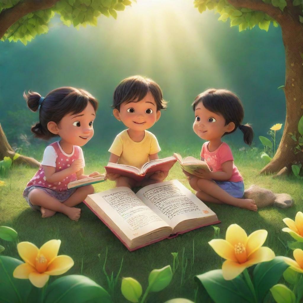 A luminous scene from 'BrightBabyTales' featuring children engrossed in moral storytelling amidst nature. Capture an open, brightly illustrated book with lessons gently permeating the animated scene under the warm sunshine.