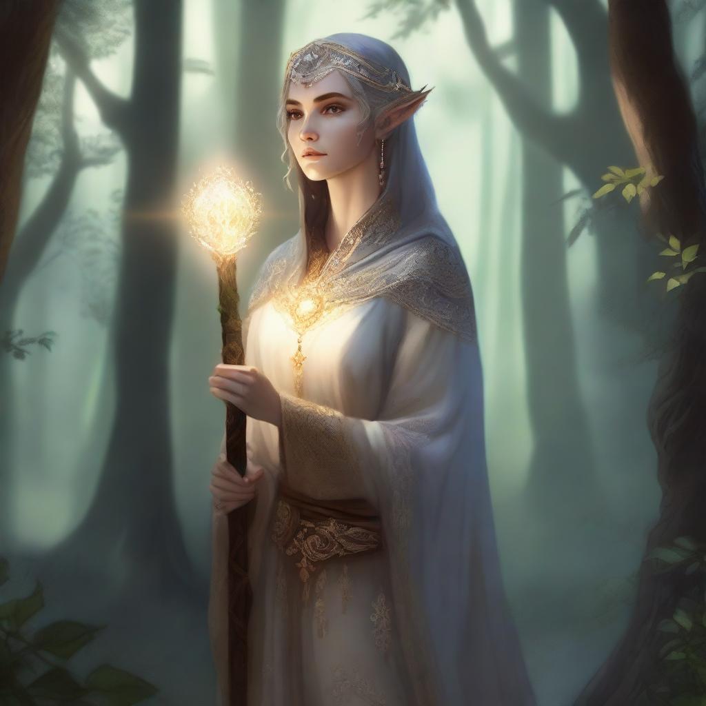 A detailed illustration of a half-elf female cleric